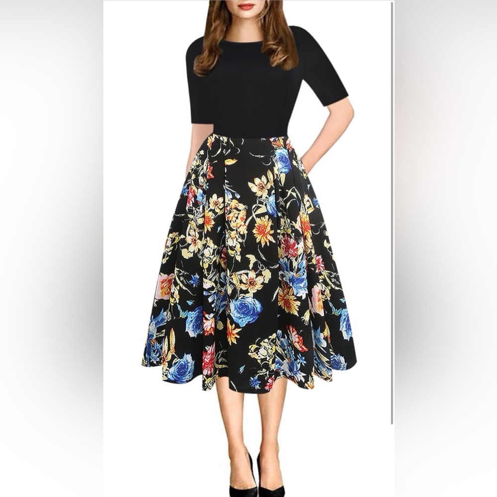 Black Floral Midi Dress with Short Sleeves